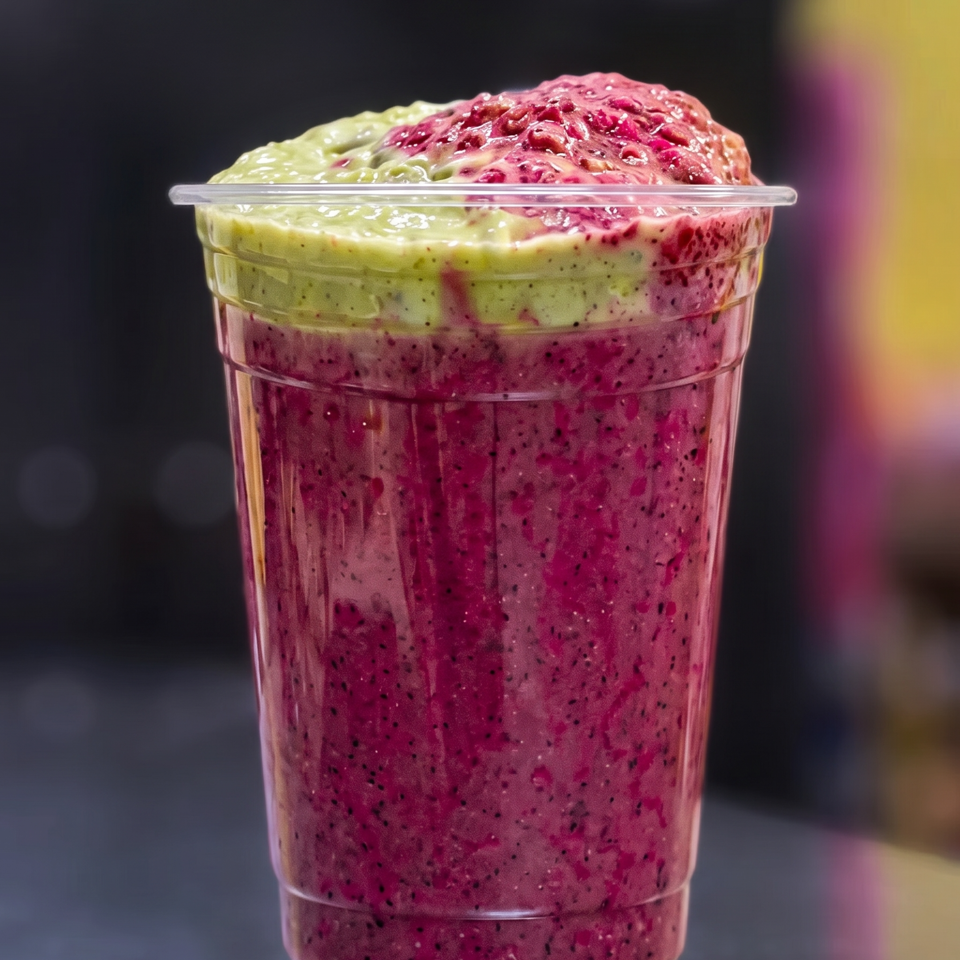 Vibrant pink and green layered smoothie in a clear plastic cup on a dark surface.
