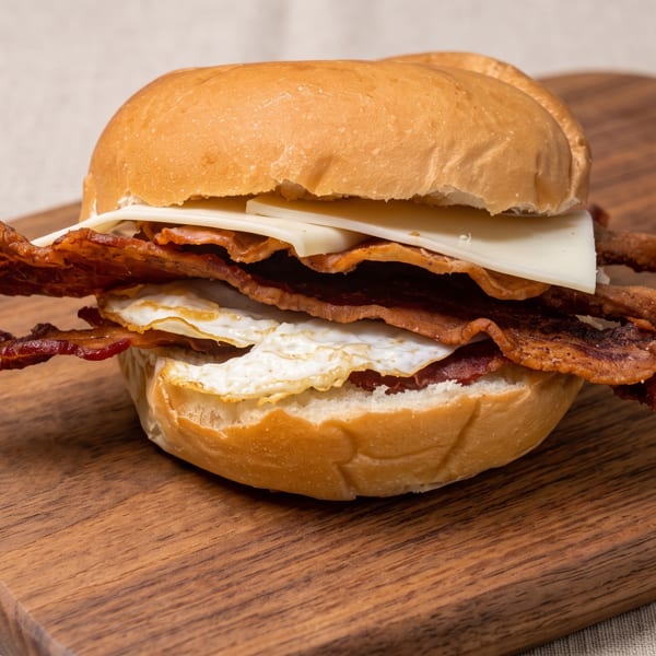 A breakfast sandwich with bacon, egg, and cheese on a bun, on a wooden cutting board.