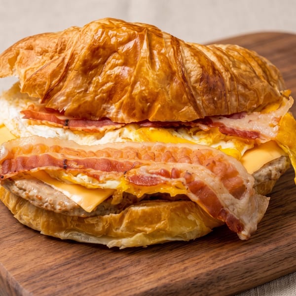 A croissant breakfast sandwich with bacon, egg, cheese, and sausage on a wooden board.