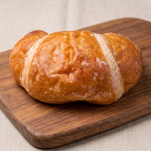 A golden-brown, glazed croissant rests on a dark wooden cutting board against a light linen background.
