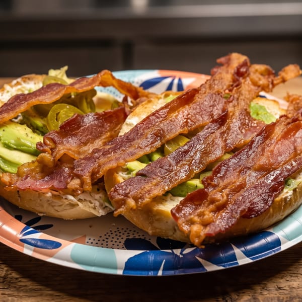 Two halves of a bagel sandwich with bacon, avocado, and jalapeños on a colorful paper plate.
