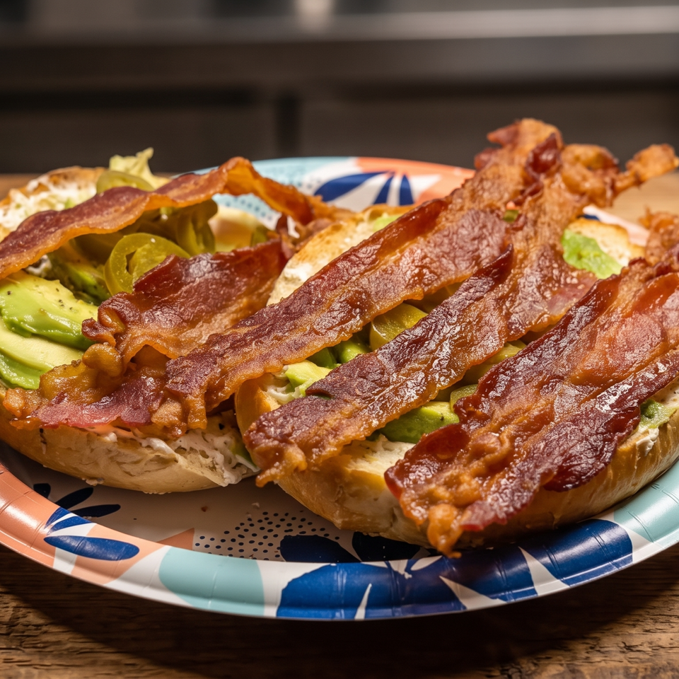 Two halves of a bagel sandwich with bacon, avocado, and jalapeños on a colorful paper plate.