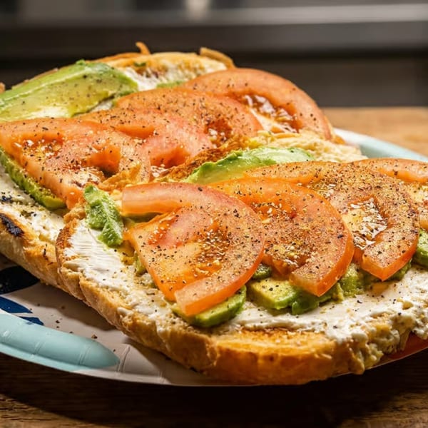 Toasted baguette halves topped with cream cheese, avocado slices, and tomato, seasoned with pepper.