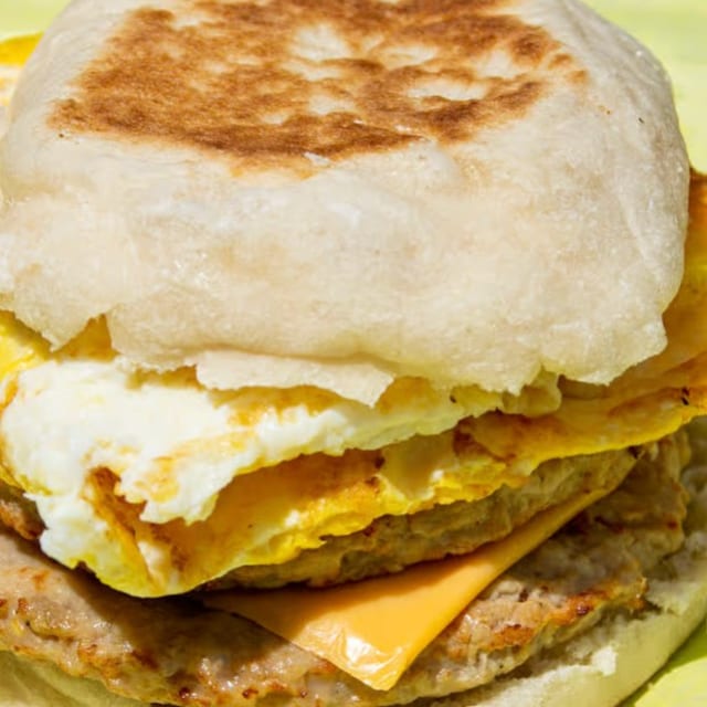 English Muffin with Sausage, Egg, Cheese and Mayo.